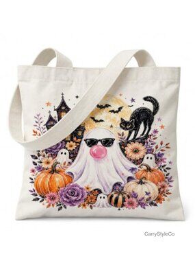 15x15in Halloween Ghost Tote Bag Candy Gift Shoulder Bag Foldable Polyester